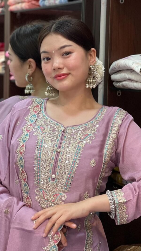 Pink Light Colour Chinon Silk Party Top Pent & Dupatta