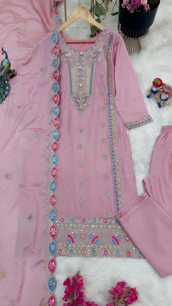 Pink Light Colour Chinon Silk Party Top Pent & Dupatta