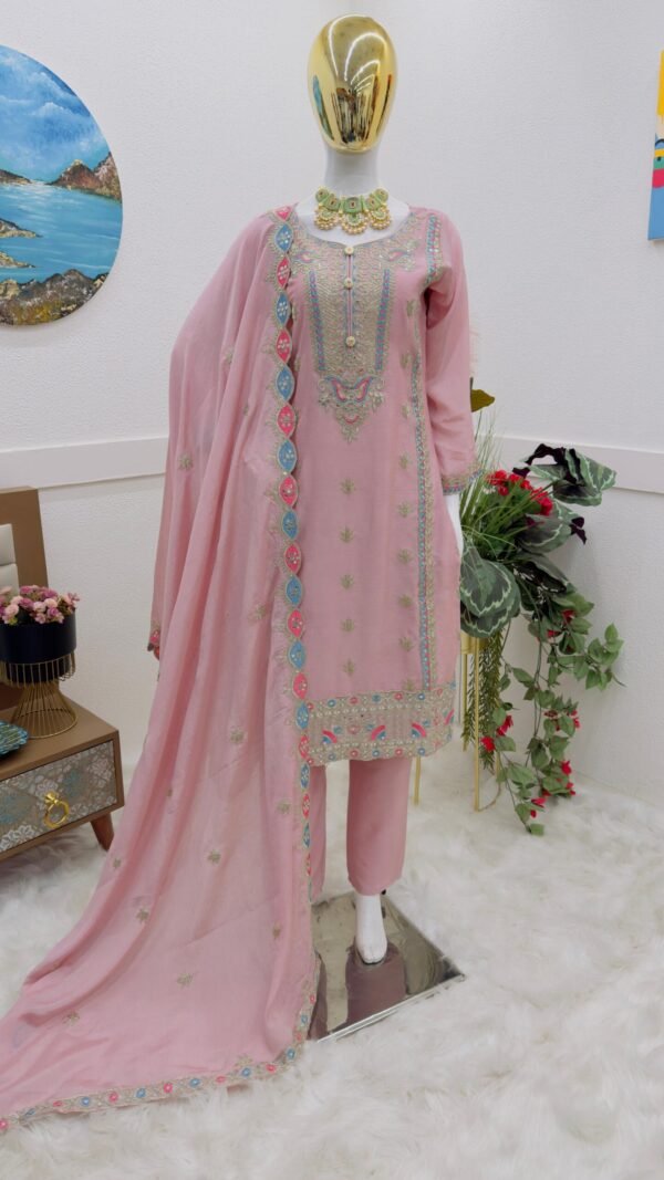 Pink Light Colour Chinon Silk Party Top Pent & Dupatta