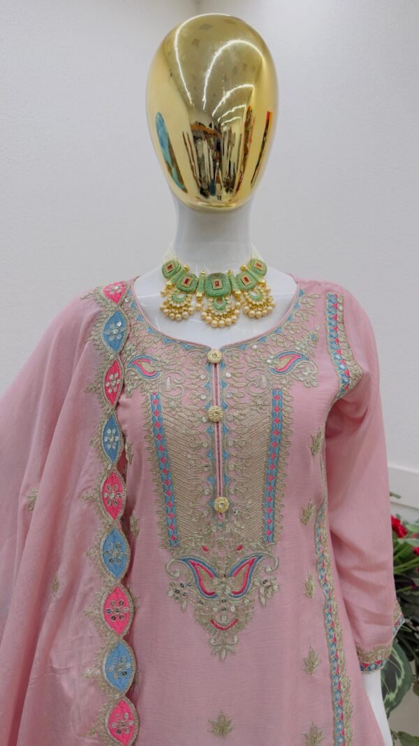 Pink Light Colour Chinon Silk Party Top Pent & Dupatta