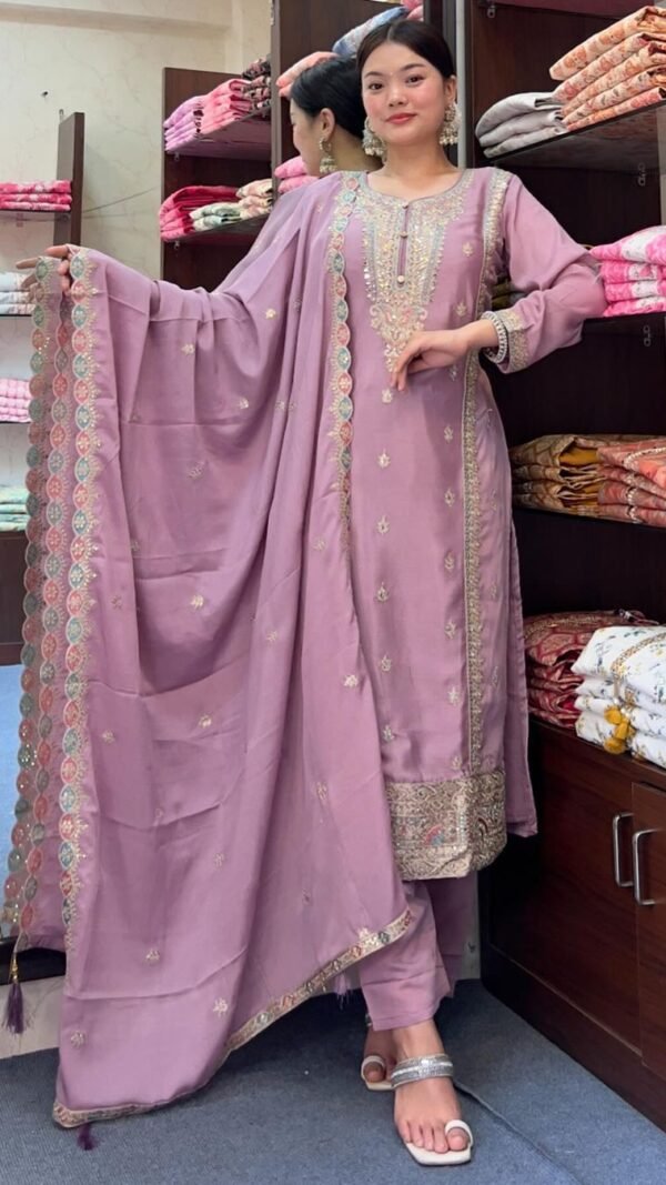 Pink Light Colour Chinon Silk Party Top Pent & Dupatta