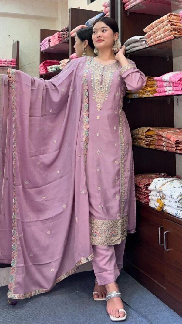 Pink Light Colour Chinon Silk Party Top Pent & Dupatta