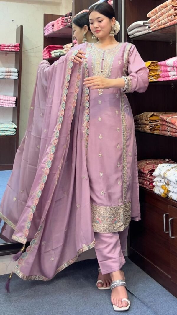 Pink Light Colour Chinon Silk Party Top Pent & Dupatta