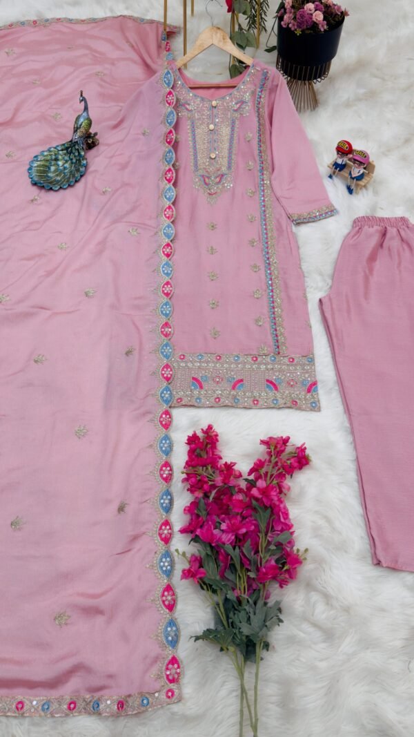 Pink Light Colour Chinon Silk Party Top Pent & Dupatta