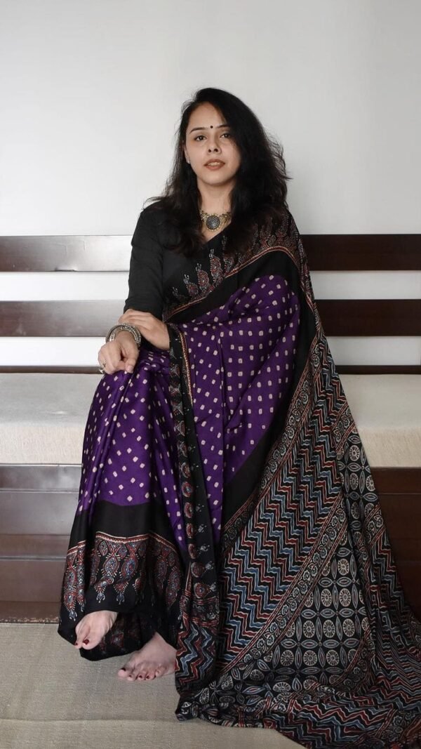 Purple Colour Ajrakh Digital Print Muslin fabric Saree
