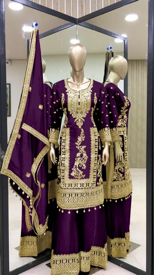 Purple Colour Pure Chinnon Silk With Heavy Embroidery Suit