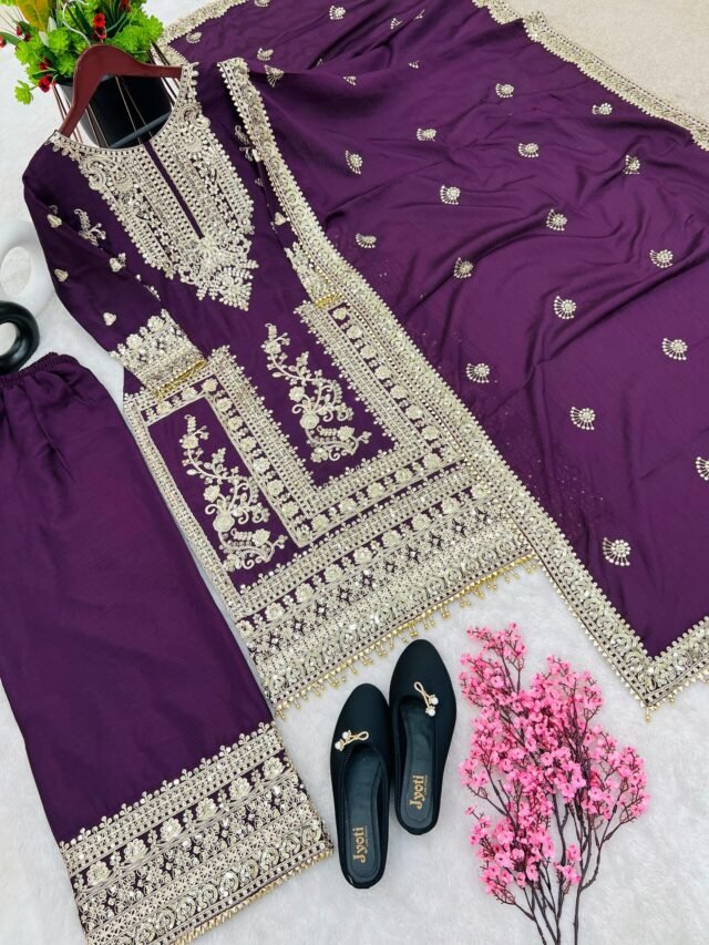 Purple Colour Pure Chinnon Silk With Heavy Embroidery Suit