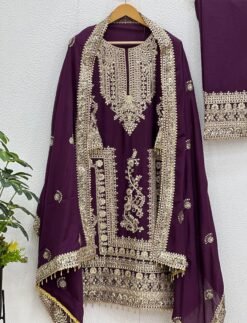 Purple Colour Pure Chinnon Silk With Heavy Embroidery Suit