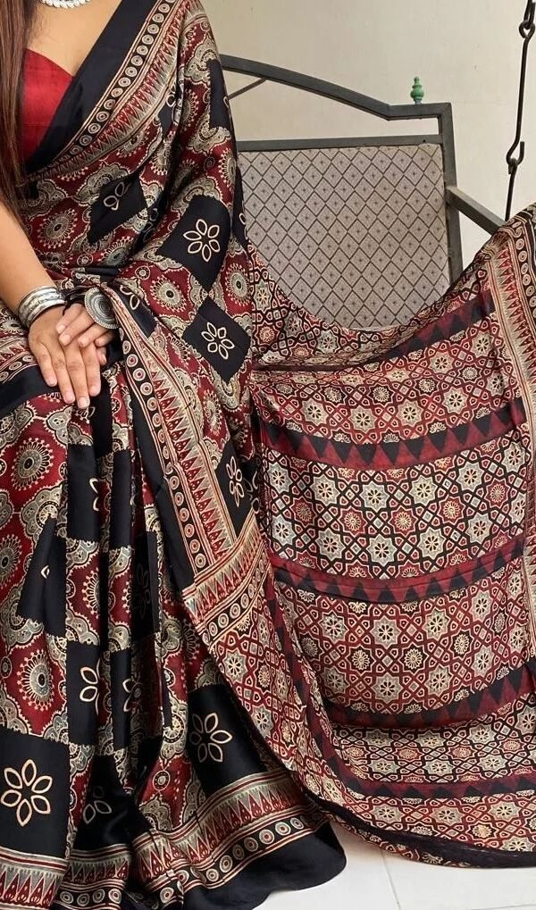Red Black Colour Ajrakh Digital Print Muslin fabric Saree