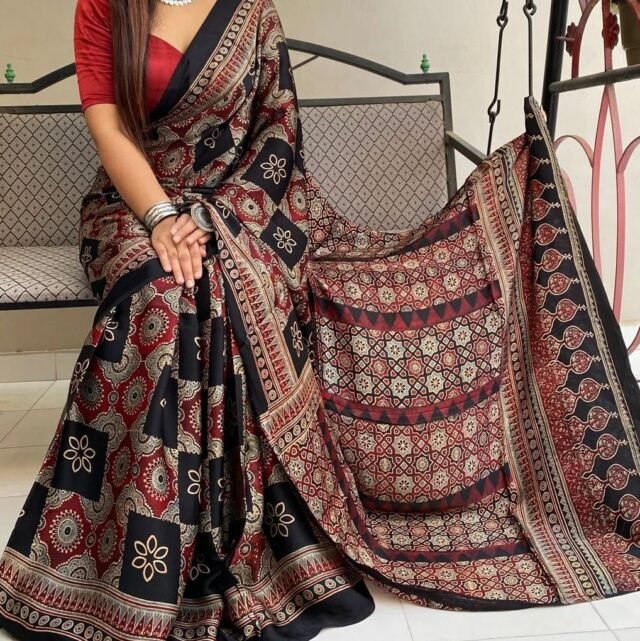 Red Black Colour Ajrakh Digital Print Muslin fabric Saree