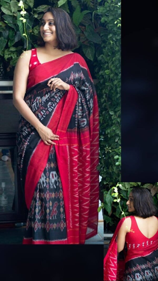 Red Black Colour Plain Linen Sarees