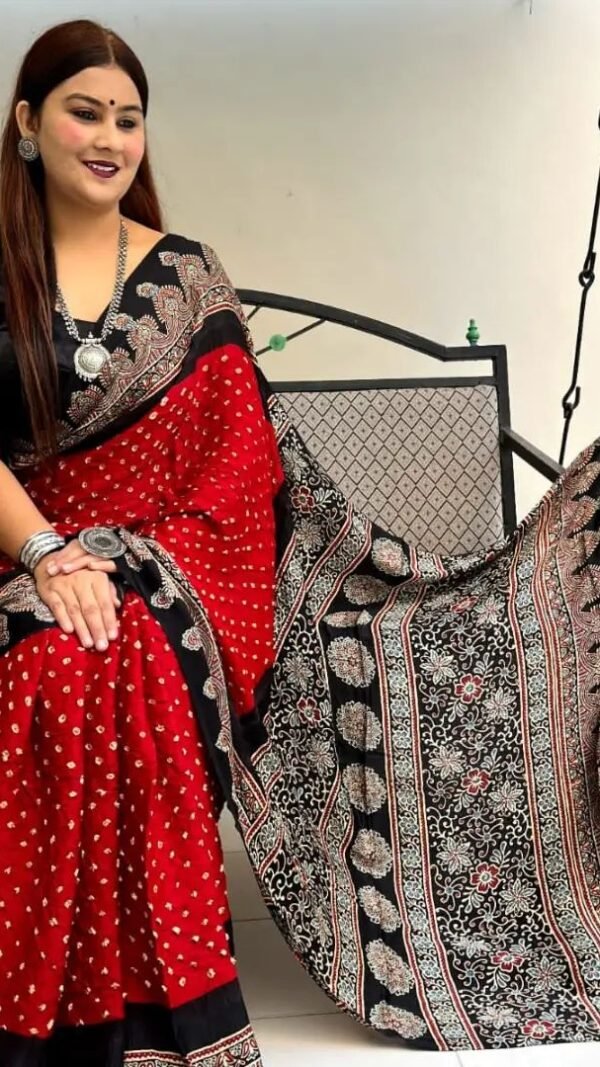 Red Colour Ajrakh Digital Print Muslin fabric Saree
