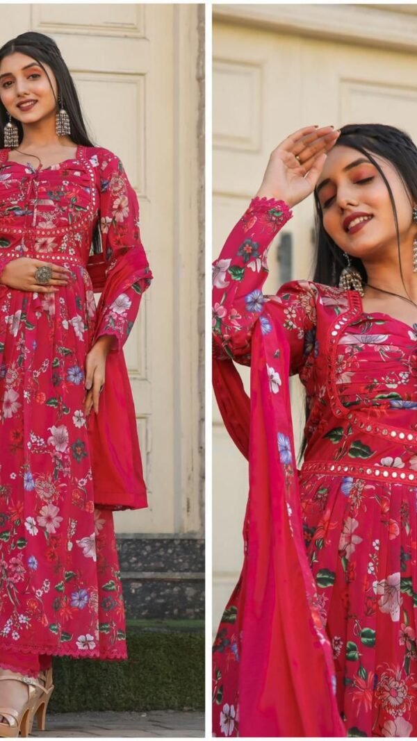 Red Colour Anarkali with mirror work and print lace