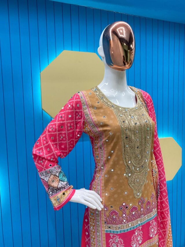 Red Colour Maslin Printed,Embroidered Suit