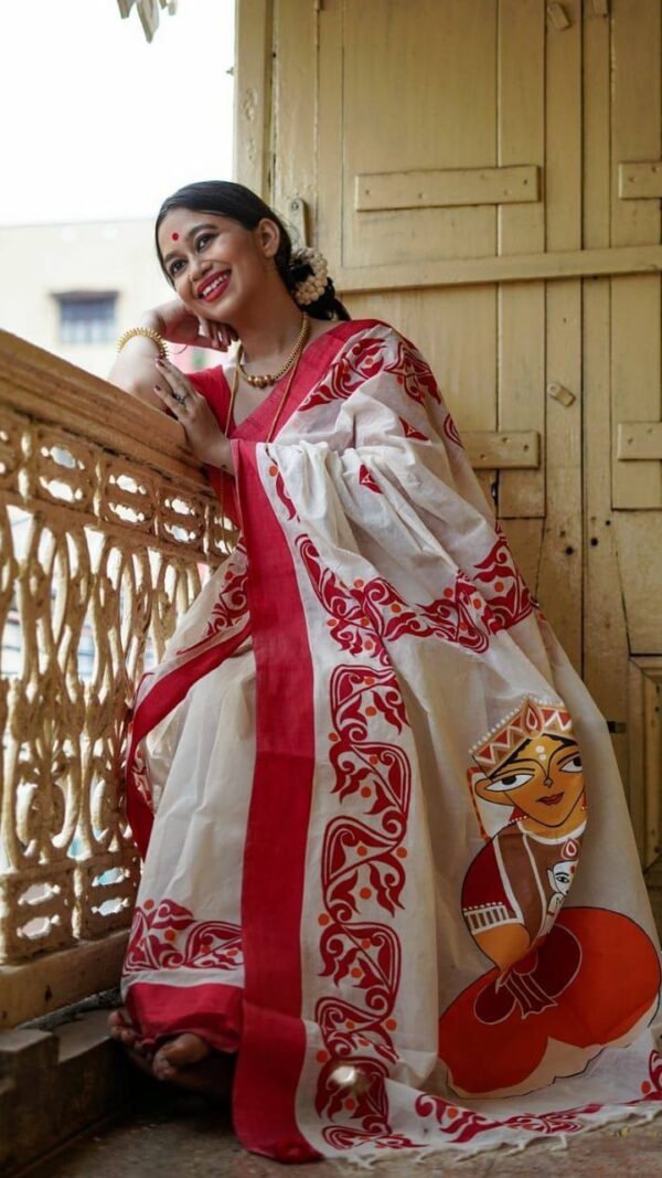 Red White Colour Plain Linen Sarees