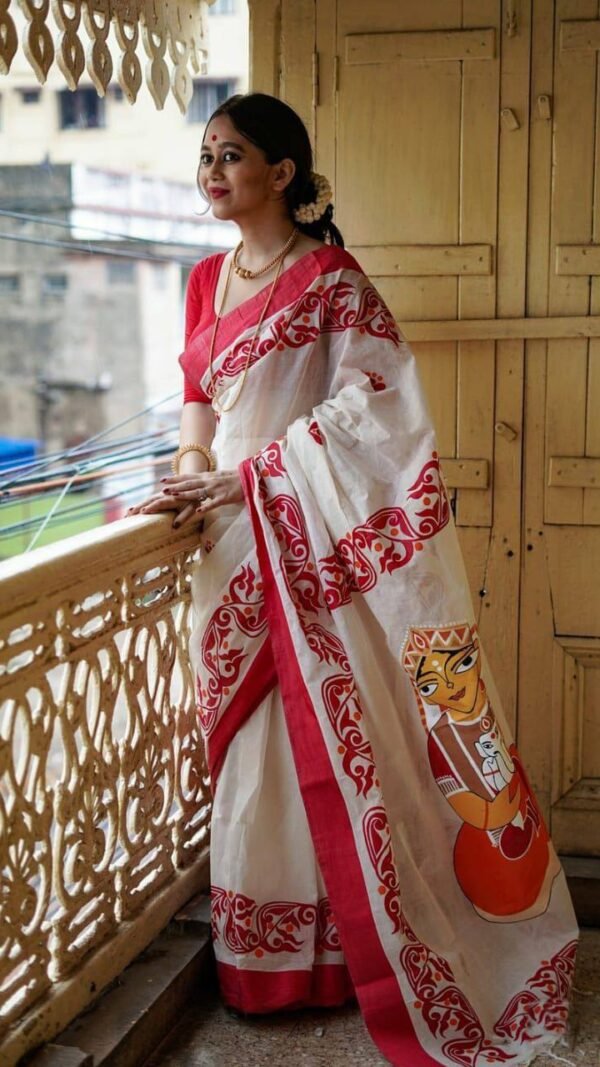 Red White Colour Plain Linen Sarees