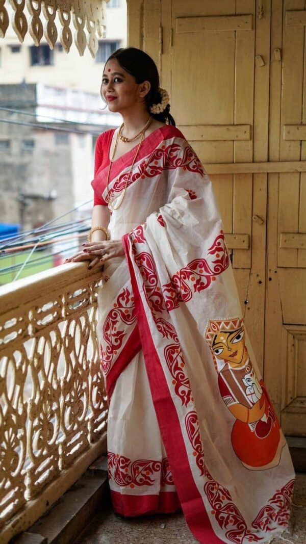 Red White Colour Plain Linen Sarees