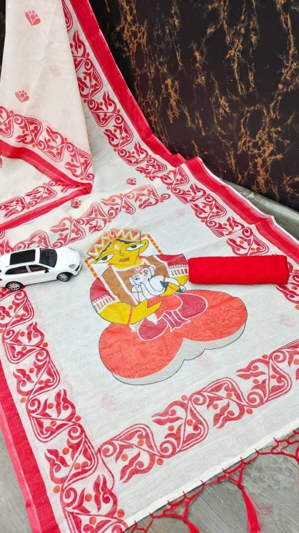 Red White Colour Plain Linen Sarees