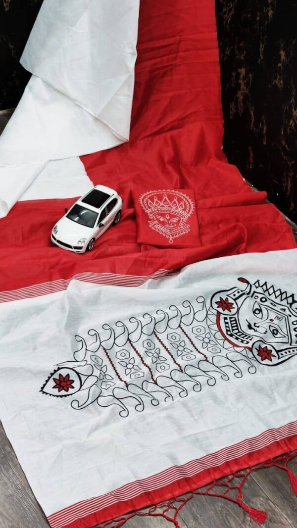 Red White Colour Plain Linen Sarees