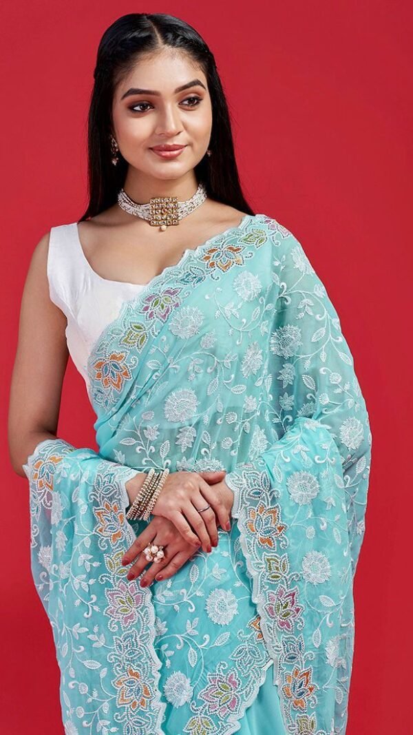 Sky Blue Blooming geogert with chikankari Saree