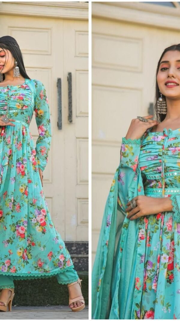 Sky Blue Colour Anarkali with mirror work and print lace