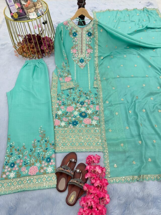 Sky Blue Colour Heavy Chinon Silk With Heavy Embroidery Suits