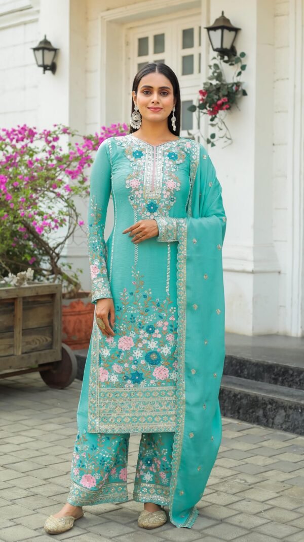 Sky Blue Colour Heavy Chinon Silk With Heavy Embroidery Suits
