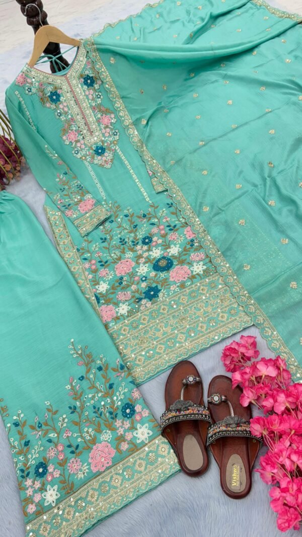 Sky Blue Colour Heavy Chinon Silk With Heavy Embroidery Suits