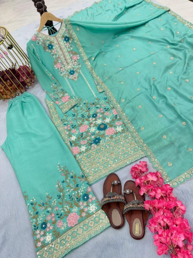 Sky Blue Colour Heavy Chinon Silk With Heavy Embroidery Suits