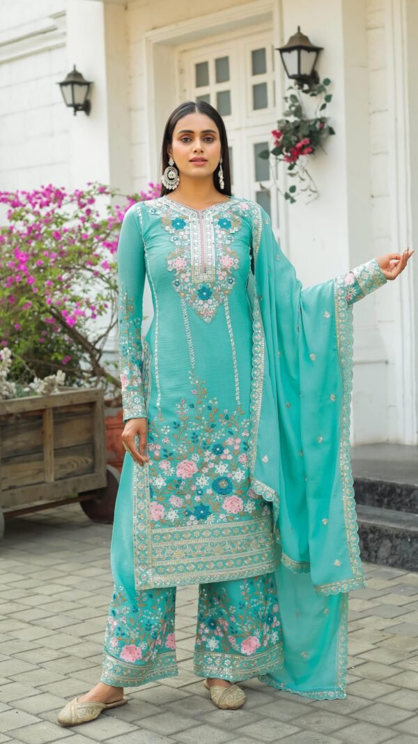 Sky Blue Colour Heavy Chinon Silk With Heavy Embroidery Suits