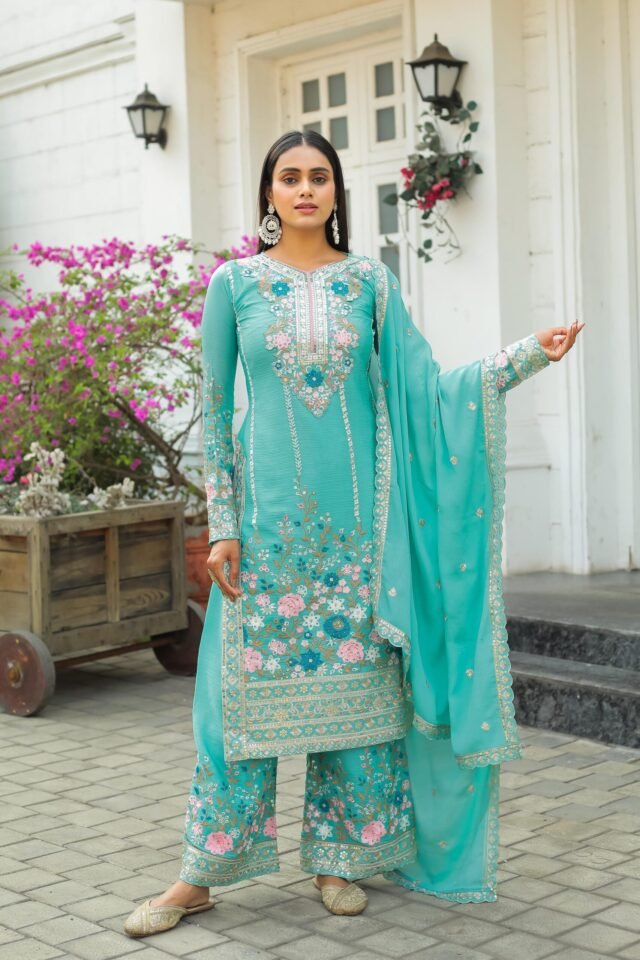 Sky Blue Colour Heavy Chinon Silk With Heavy Embroidery Suits