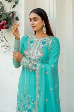 Sky Blue Colour Heavy Chinon Silk With Heavy Embroidery Suits