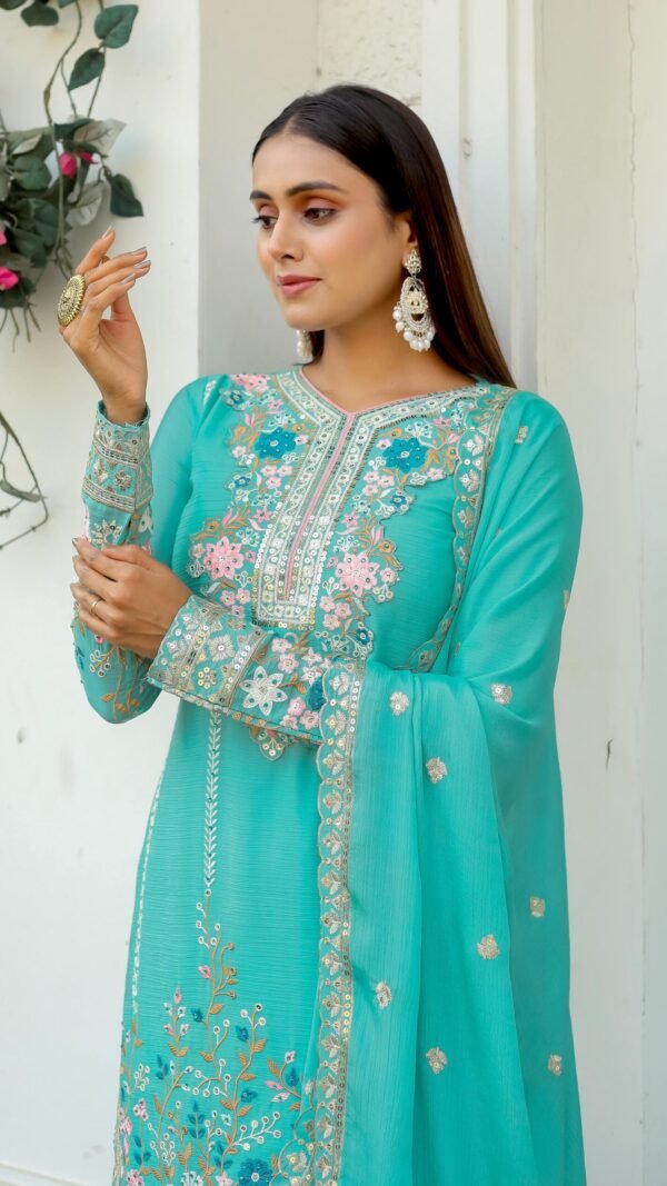 Sky Blue Colour Heavy Chinon Silk With Heavy Embroidery Suits