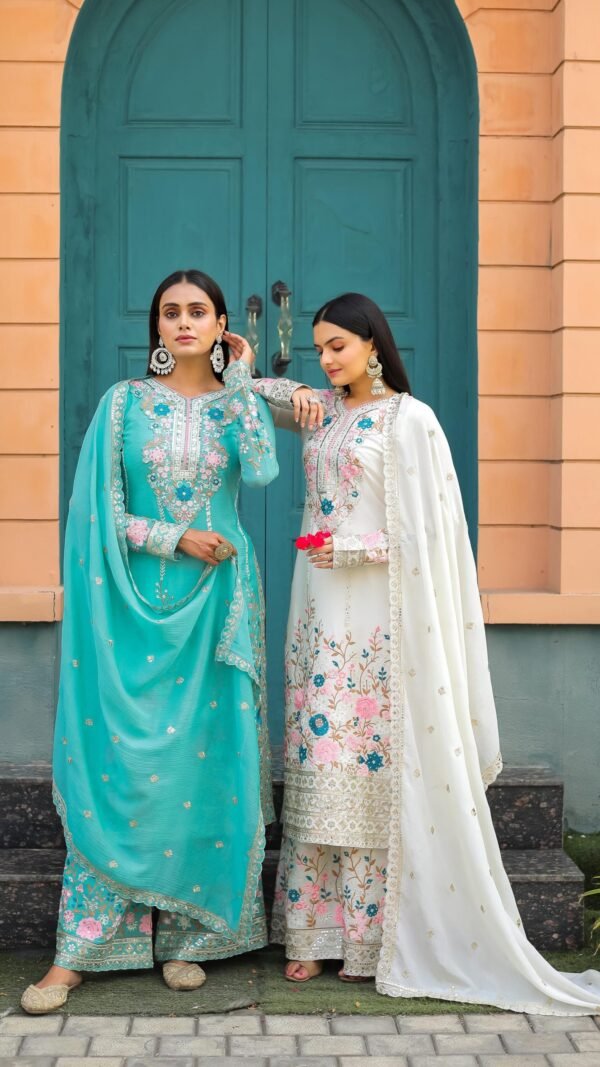 Sky Blue Colour Heavy Chinon Silk With Heavy Embroidery Suits