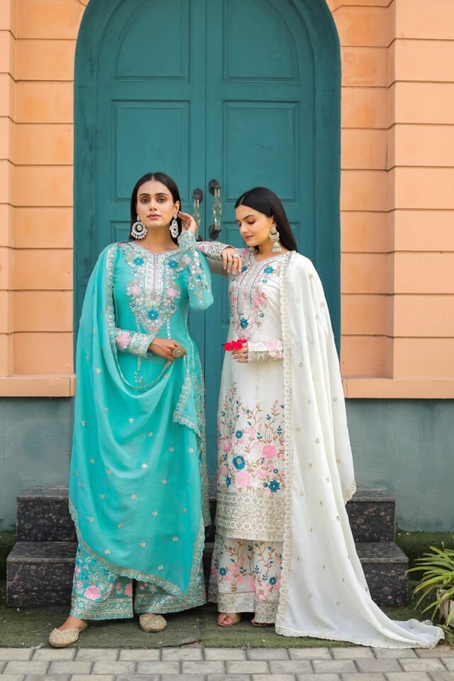 Sky Blue Colour Heavy Chinon Silk With Heavy Embroidery Suits