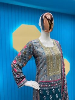 Sky Blue Colour Maslin Printed,Embroidered Suit