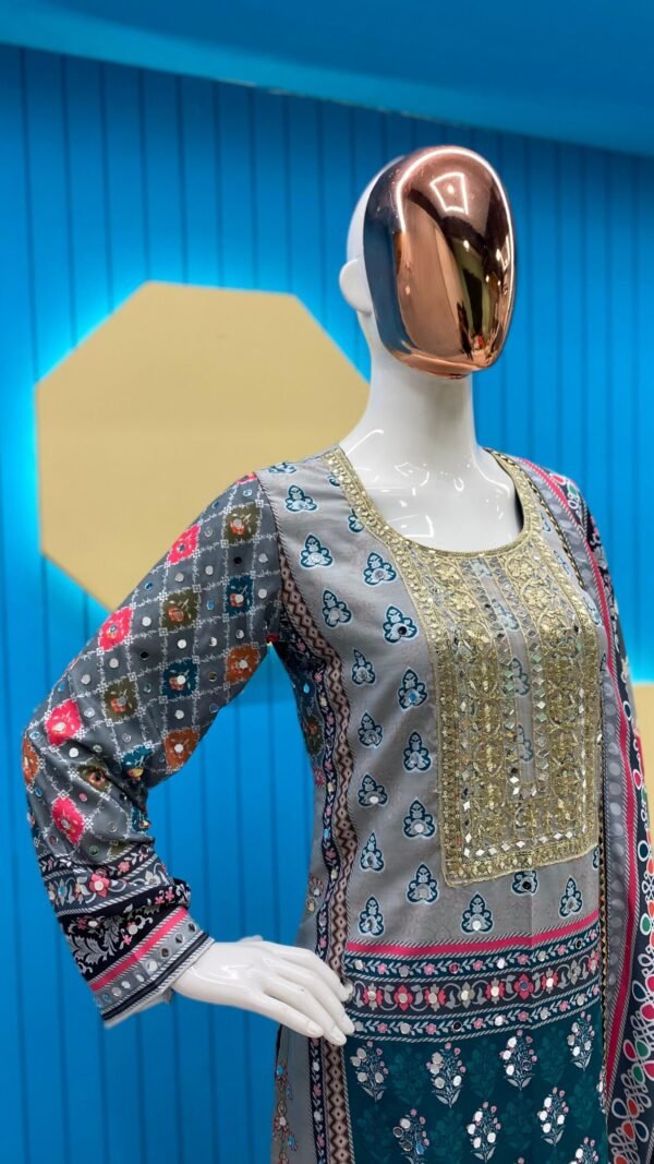 Sky Blue Colour Maslin Printed,Embroidered Suit