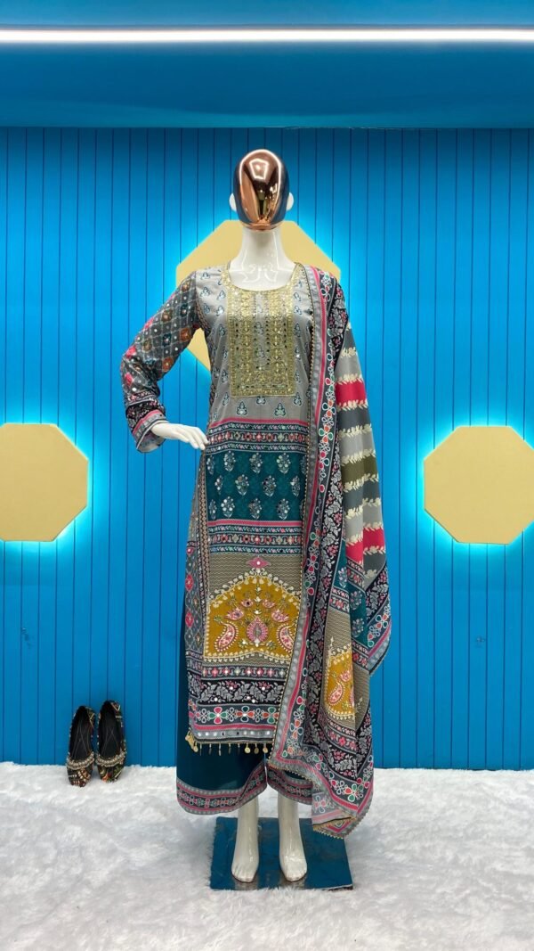 Sky Blue Colour Maslin Printed,Embroidered Suit