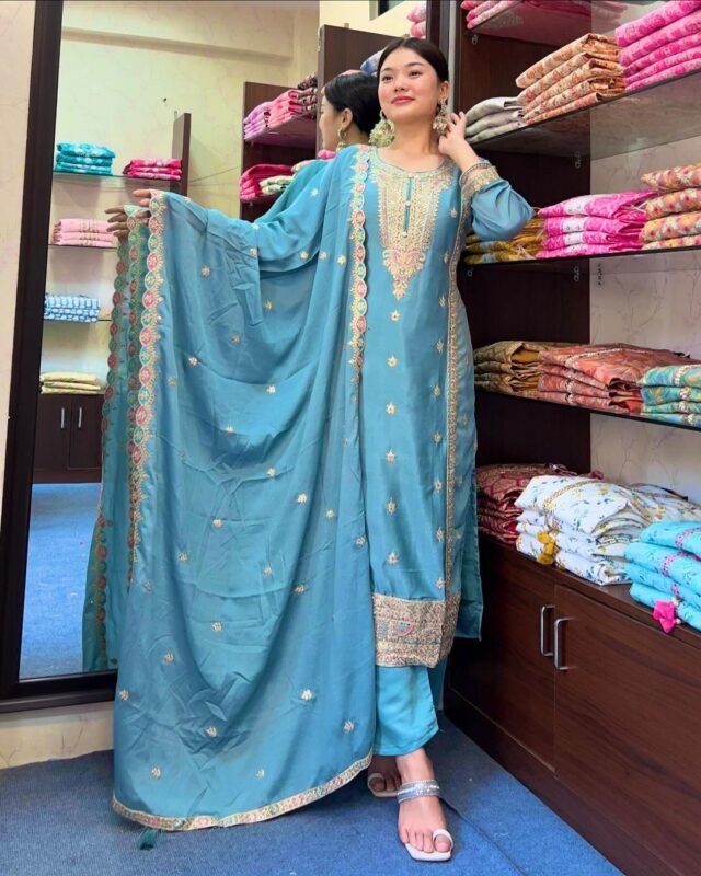Sky Blue Colour Pure Chinnon Silk With Heavy Embroidery Suit