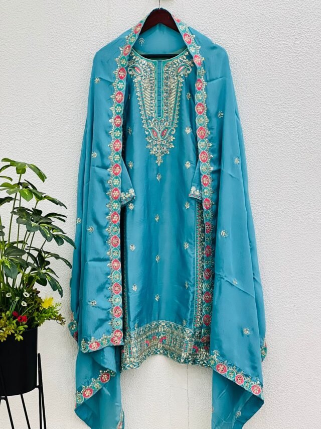 Sky Blue Colour Pure Chinnon Silk With Heavy Embroidery Suit
