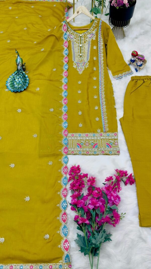 Orange Colour Chinon Silk Party Top Pent & Dupatta