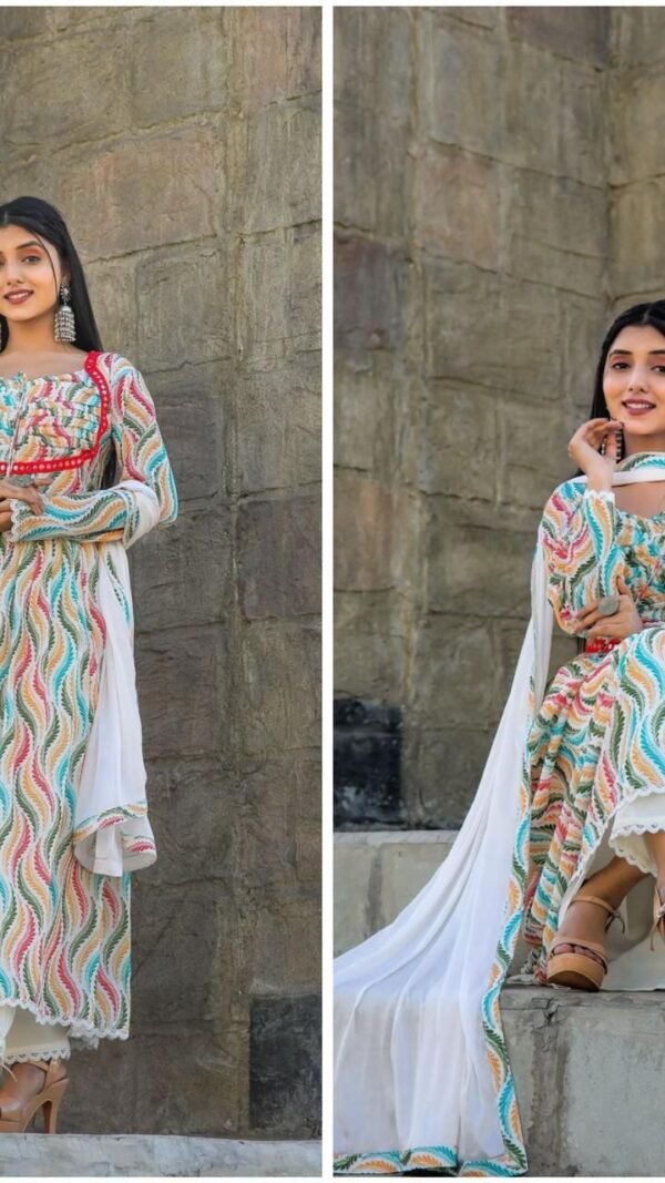 White Anarkali with mirror work and print lace