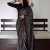 White Black Colour Ajrakh Digital Print Muslin fabric Saree
