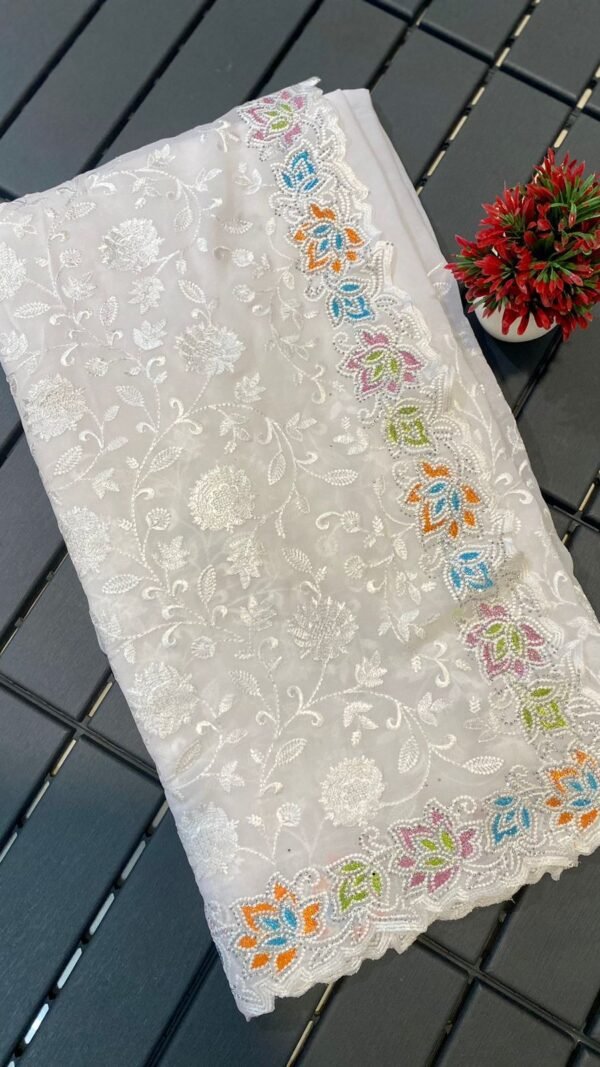 White Colour Blooming geogert with chikankari Saree