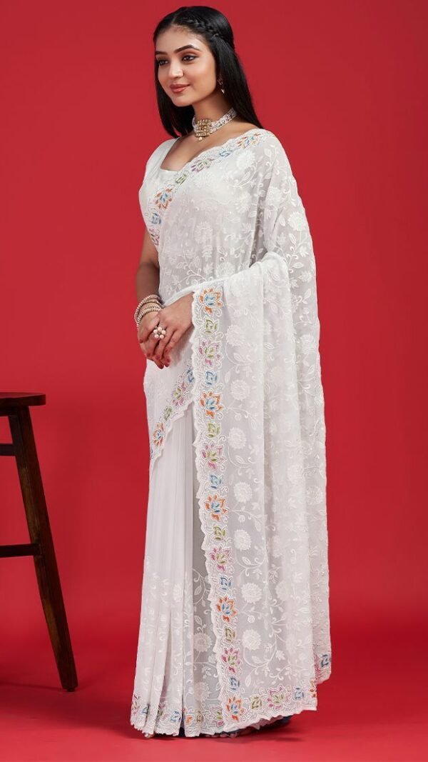 White Colour Blooming geogert with chikankari Saree