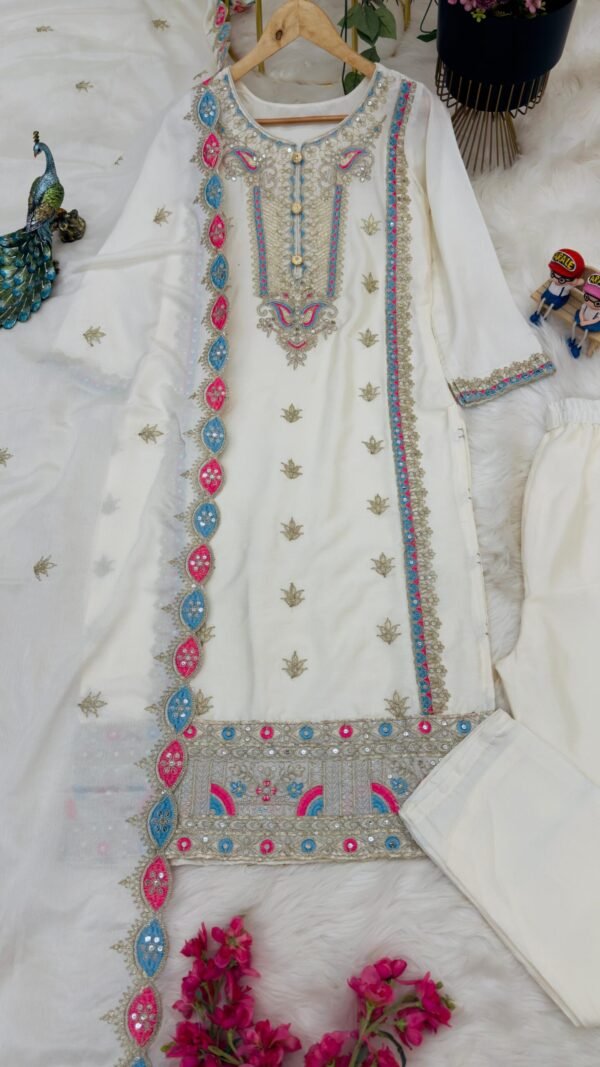 White Colour Chinon Silk Party Top Pent & Dupatta