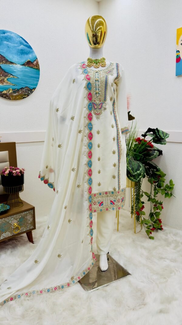 White Colour Chinon Silk Party Top Pent & Dupatta