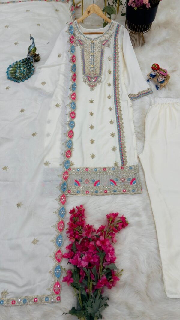 White Colour Chinon Silk Party Top Pent & Dupatta