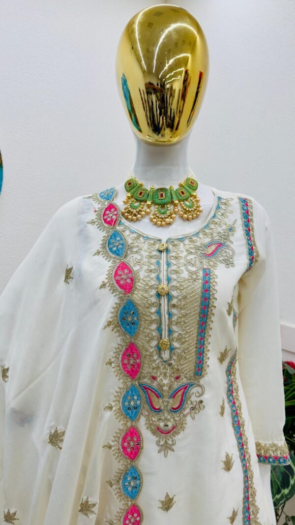 White Colour Chinon Silk Party Top Pent & Dupatta