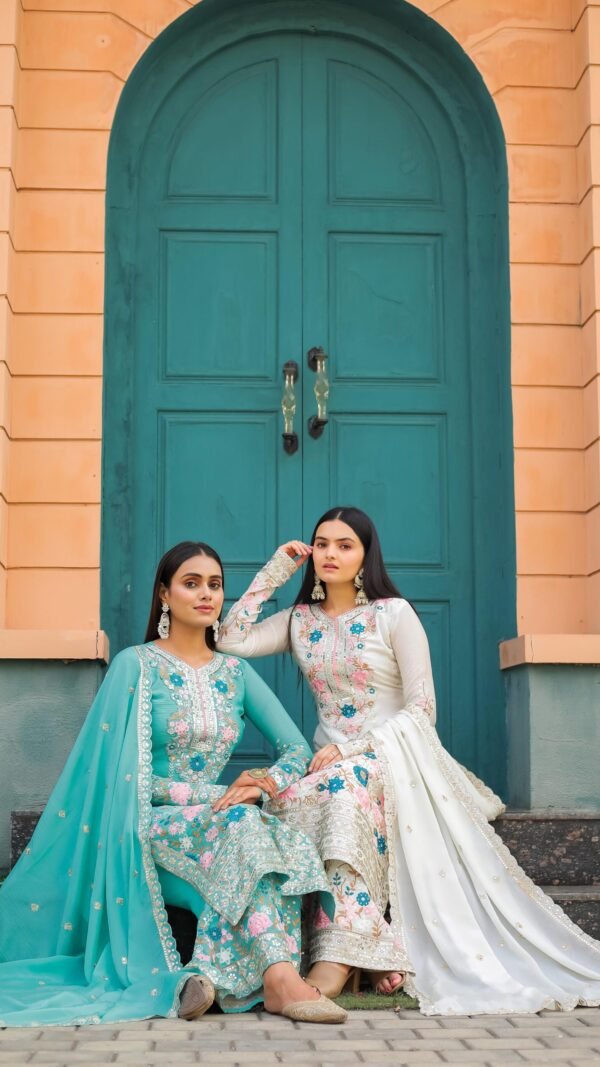 White Colour Heavy Chinon Silk With Heavy Embroidery Suits